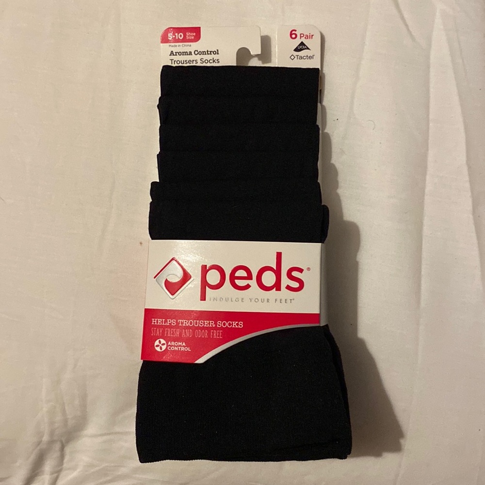 Peds Trouser Socks Aroma Control Odor Lycra Tactel Black Shoe Size 8-10 6 Pack